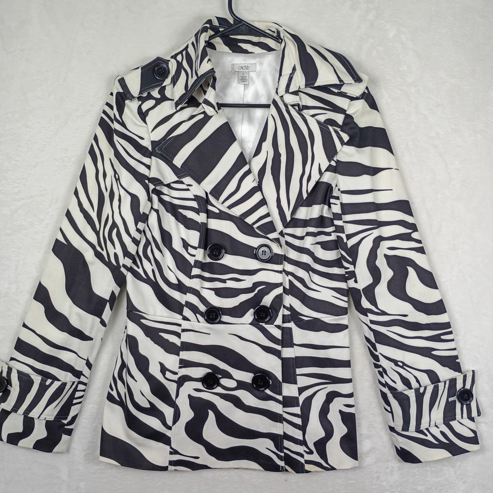 Cache Pea Coat Womens Large Black White Zebra Print Double Breasted Jacket Y2K